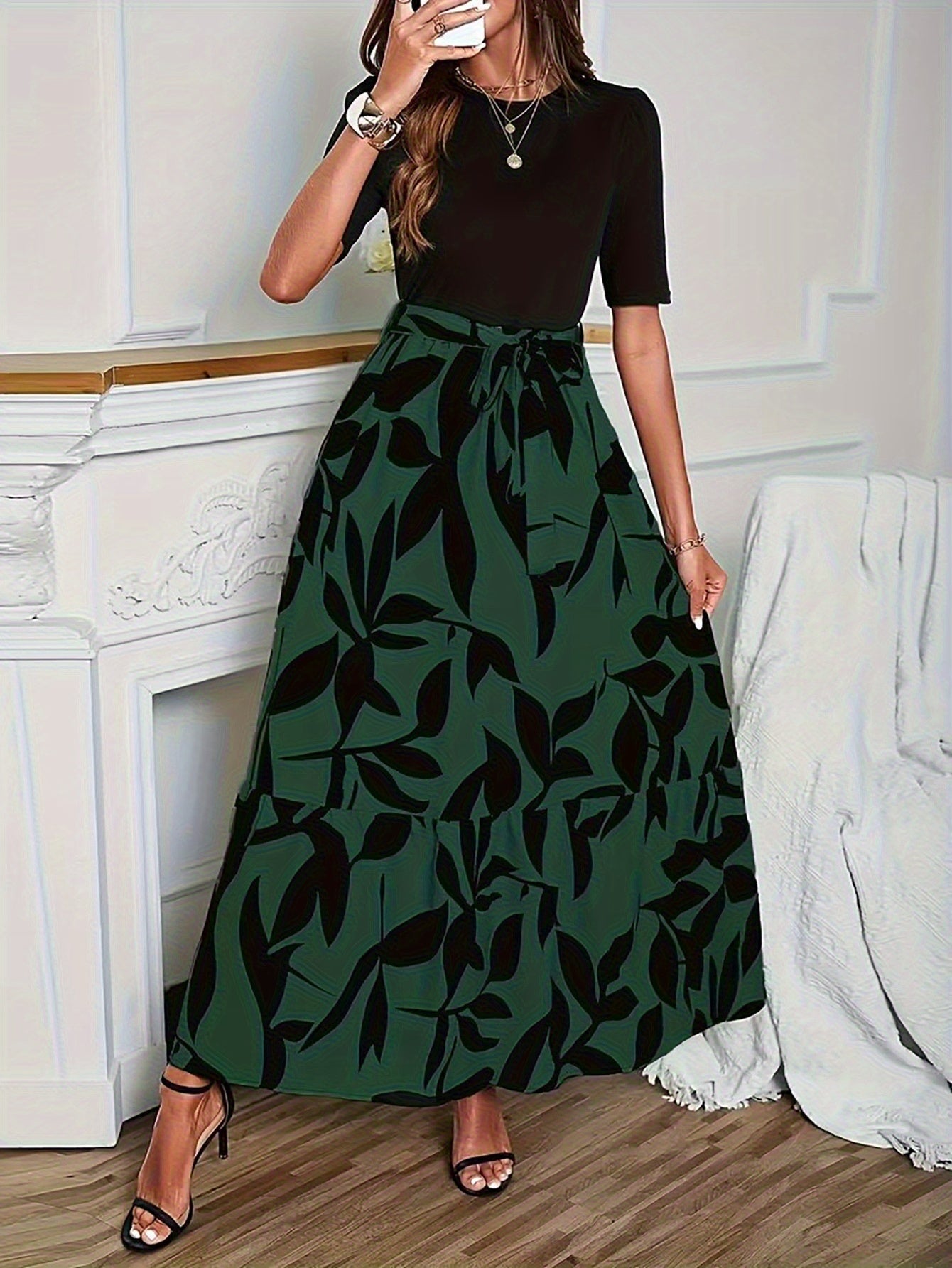 GeoBelle™ | Puff-Sleeve A-Line Geometric Midi Dress