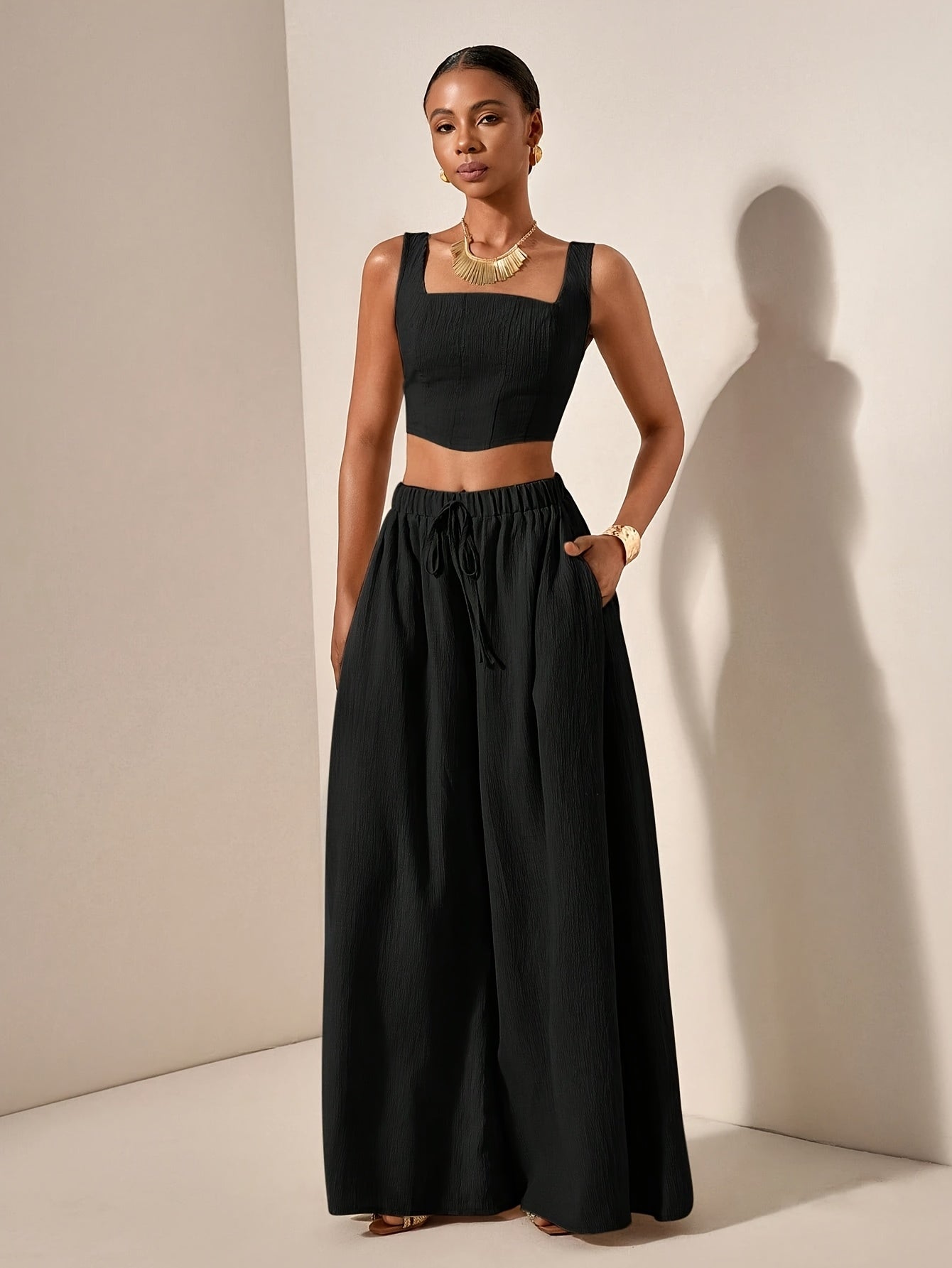 Casual Fishbone Cami Top And Wide-Leg Pants with Pockets 2pcs Set