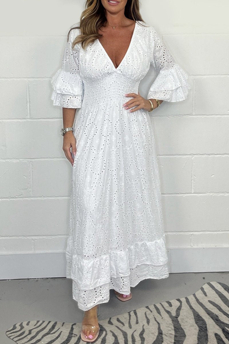 LaceVienne™ | V-Neck Cotton Cutout Lace Dress