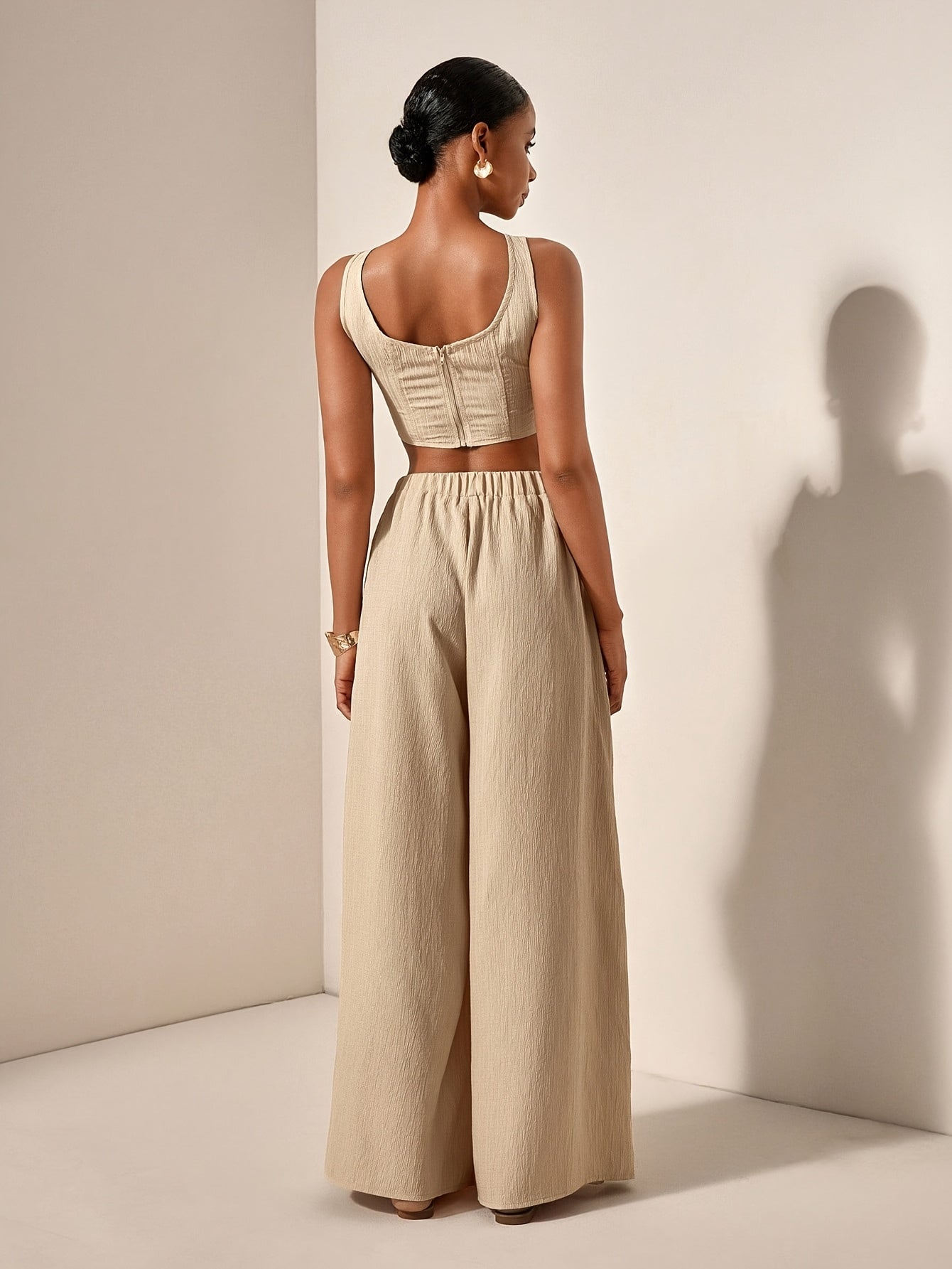 Casual Fishbone Cami Top And Wide-Leg Pants with Pockets 2pcs Set