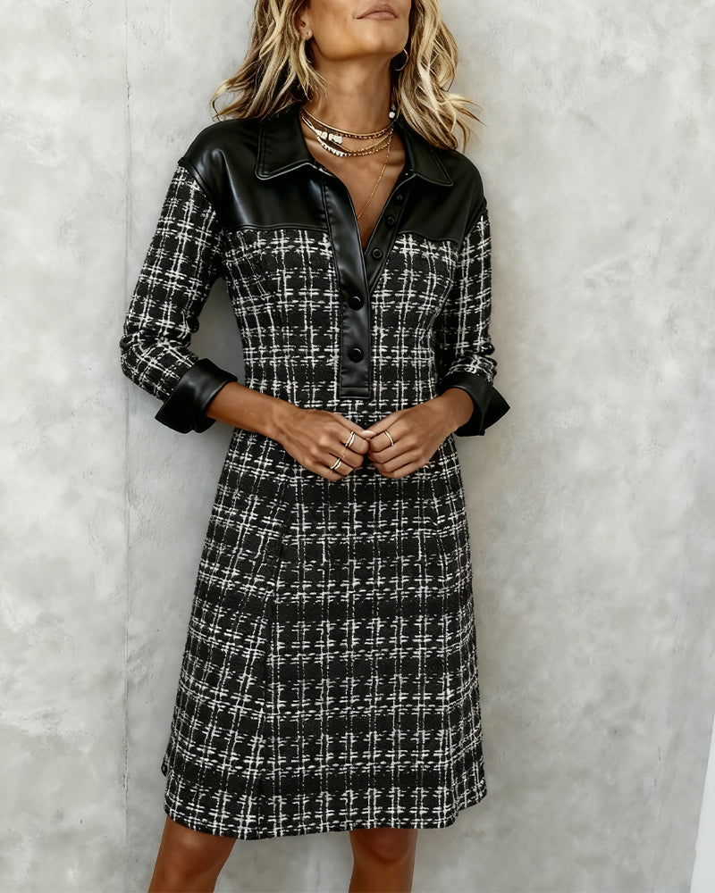 Houndella™ | Long-Sleeve Patchwork Houndstooth Dress
