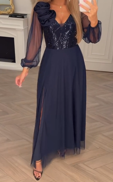 FloriSéquin™ | Lace-Sleeve Dress with Sequin & Floral Embellishments