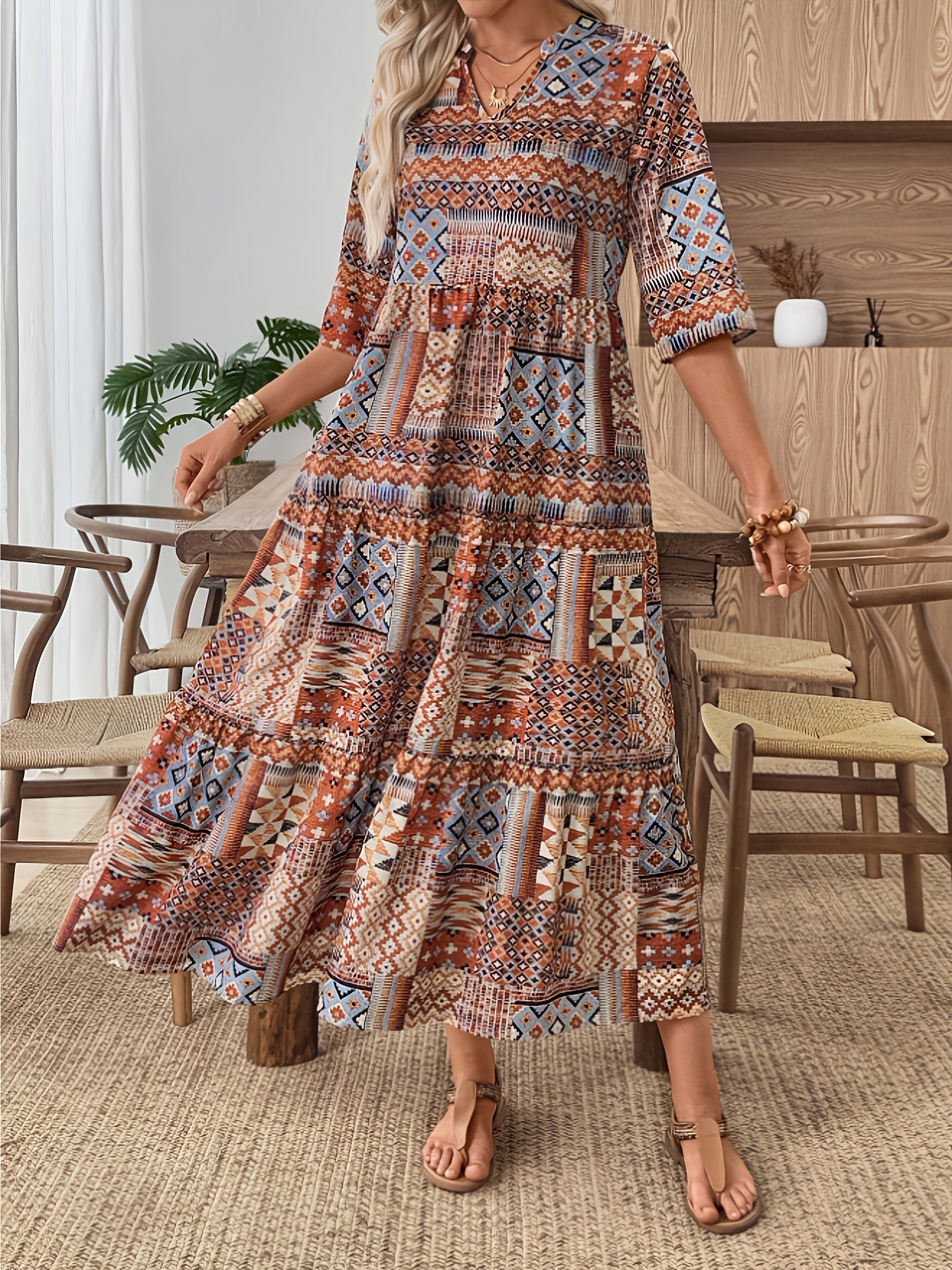 GeoBoheme™ | Long-Sleeve A-Line Maxi Dress with Geometric Print