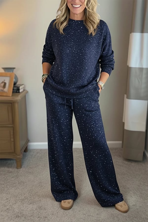 Viviana™ | Shimmer Round-Neck Solid-Color Casual Set