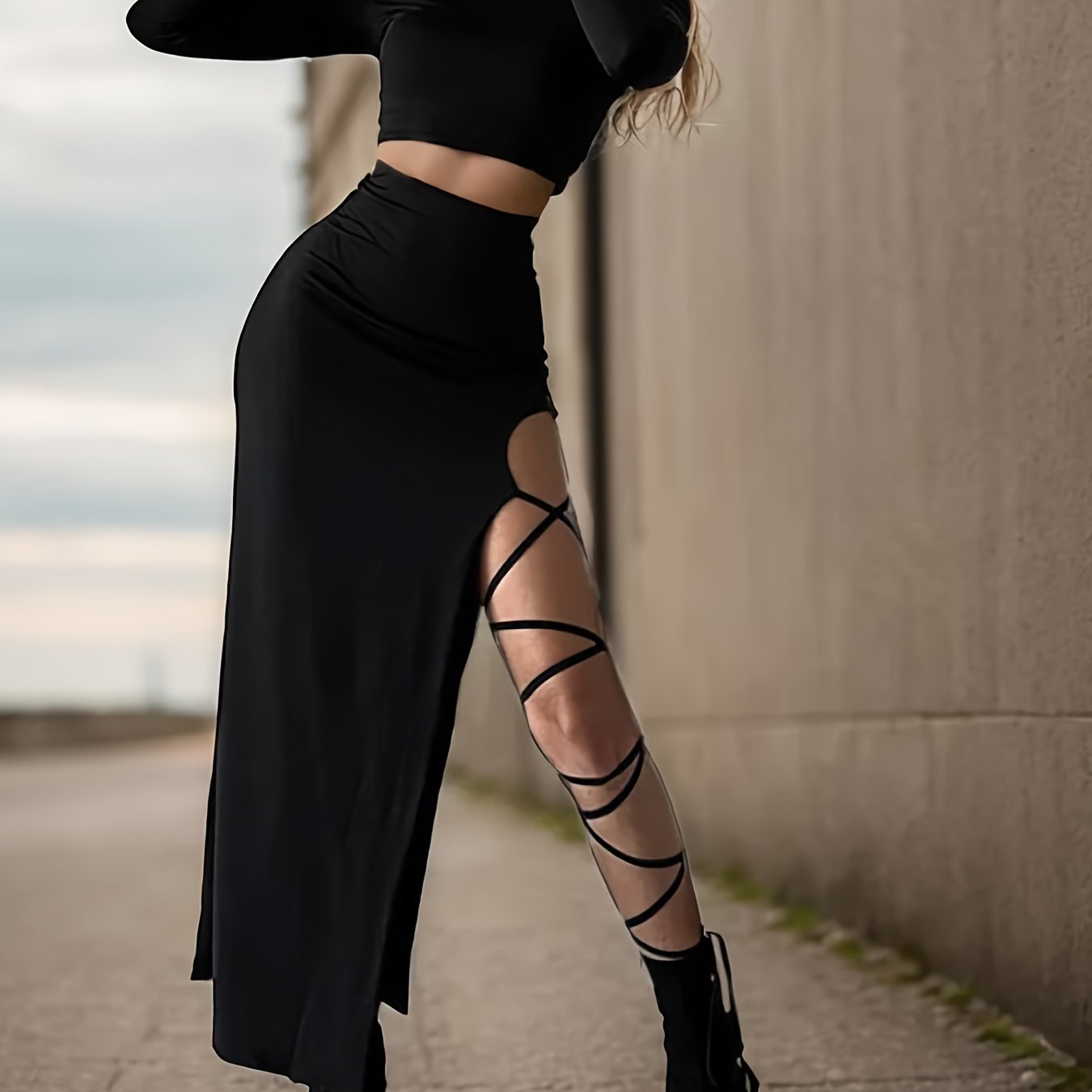 Women Sexy 2pcs Set - Long Sleeve Crop Top and One Side Split Lace Up Long Skirt