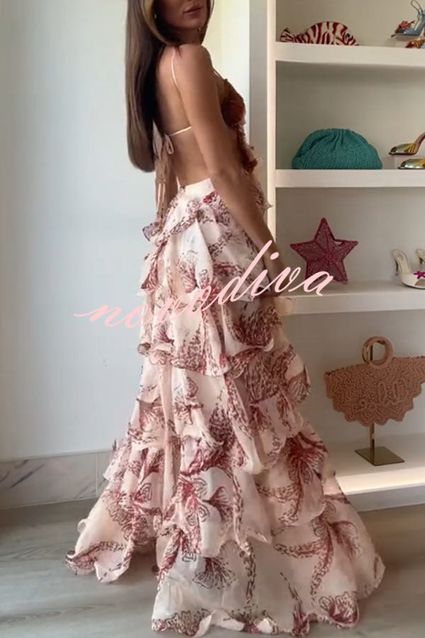 Ariae™ | Butterfly Print Ruffled Backless Tie-Up Maxi Dress