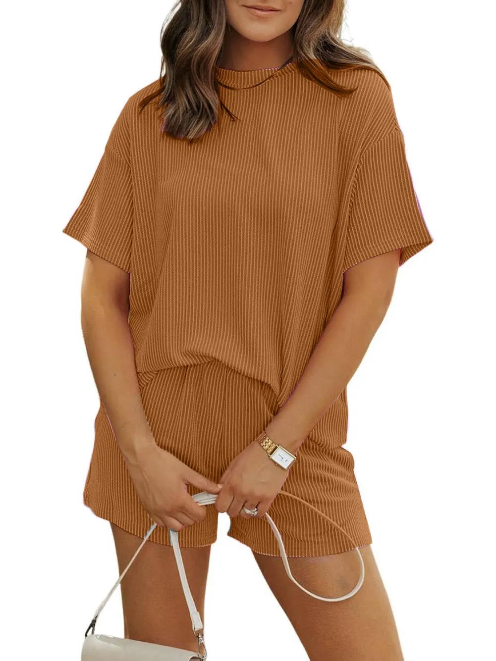 Selvianne™ | Ribbed Crew Neck Textured Shorts Set