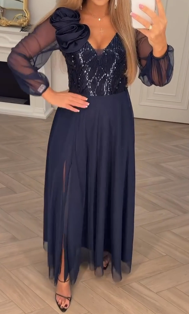 FloriSéquin™ | Lace-Sleeve Dress with Sequin & Floral Embellishments