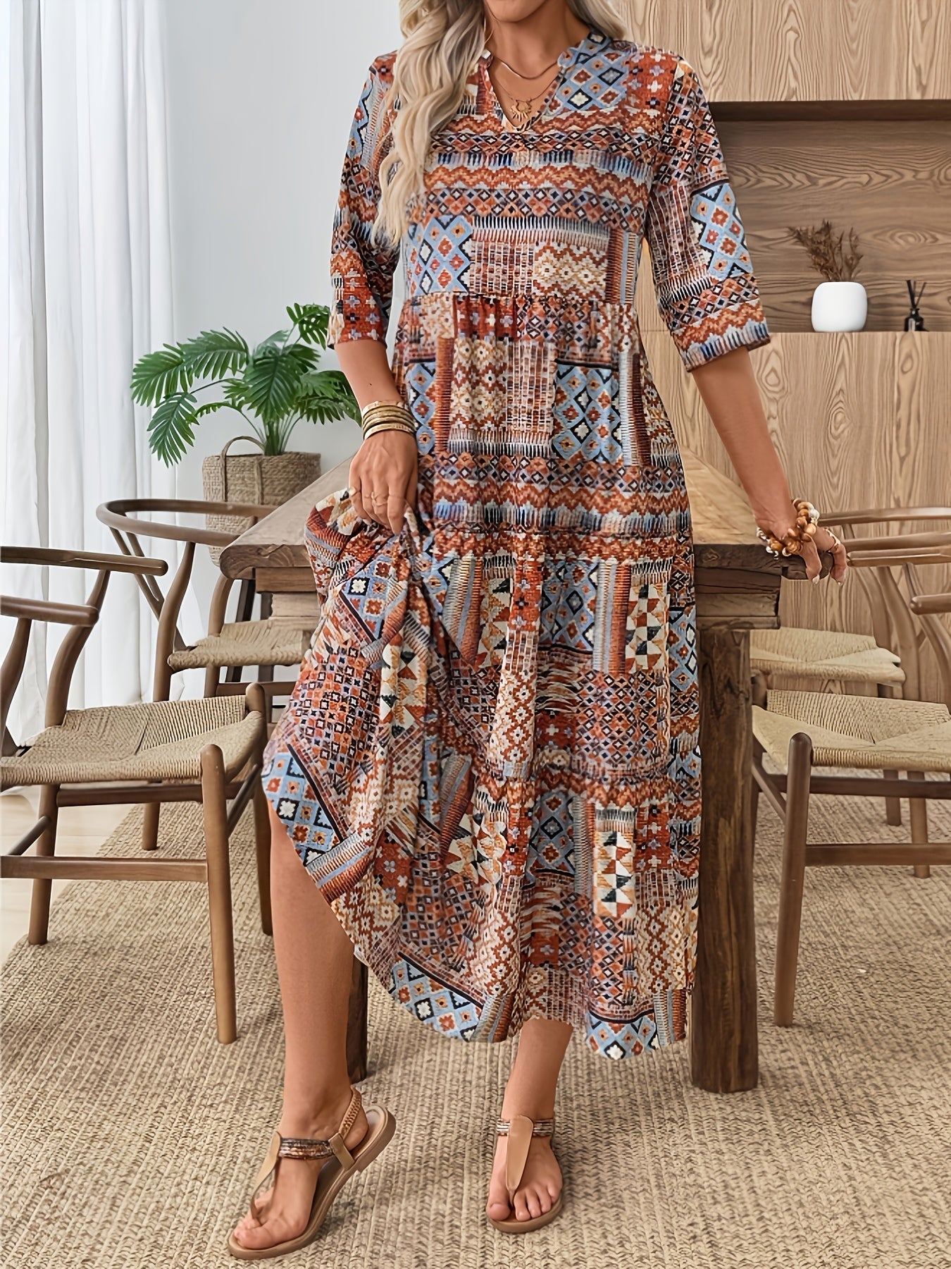 GeoBoheme™ | Long-Sleeve A-Line Maxi Dress with Geometric Print