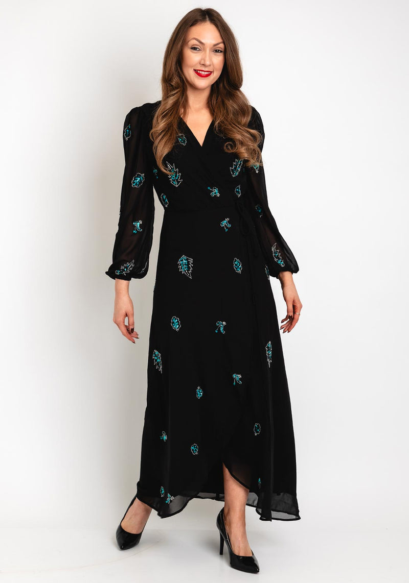 IvyNoir™ | Embellished Black-Blue Wrap Maxi Dress details