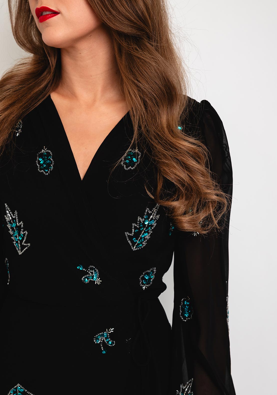 IvyNoir™ | Embellished Black-Blue Wrap Maxi Dress