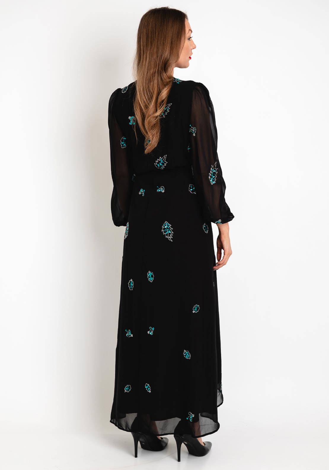 IvyNoir™ | Embellished Black-Blue Wrap Maxi Dress