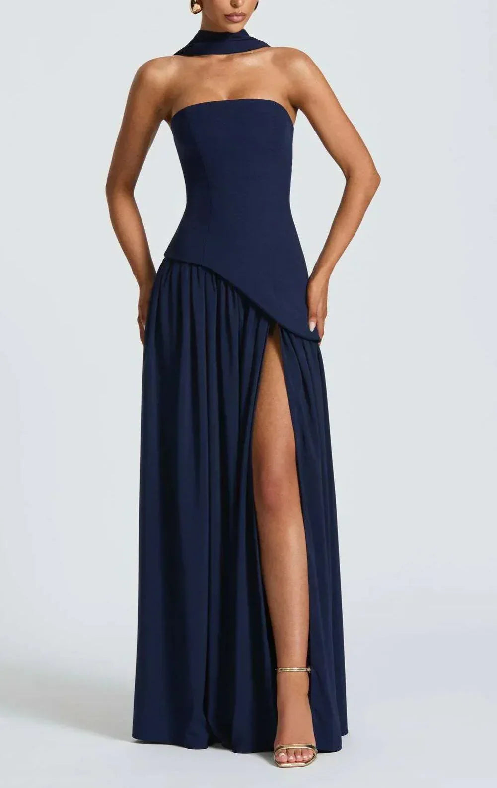Strapless Long Dress with Ribbon Detail & Front Slit