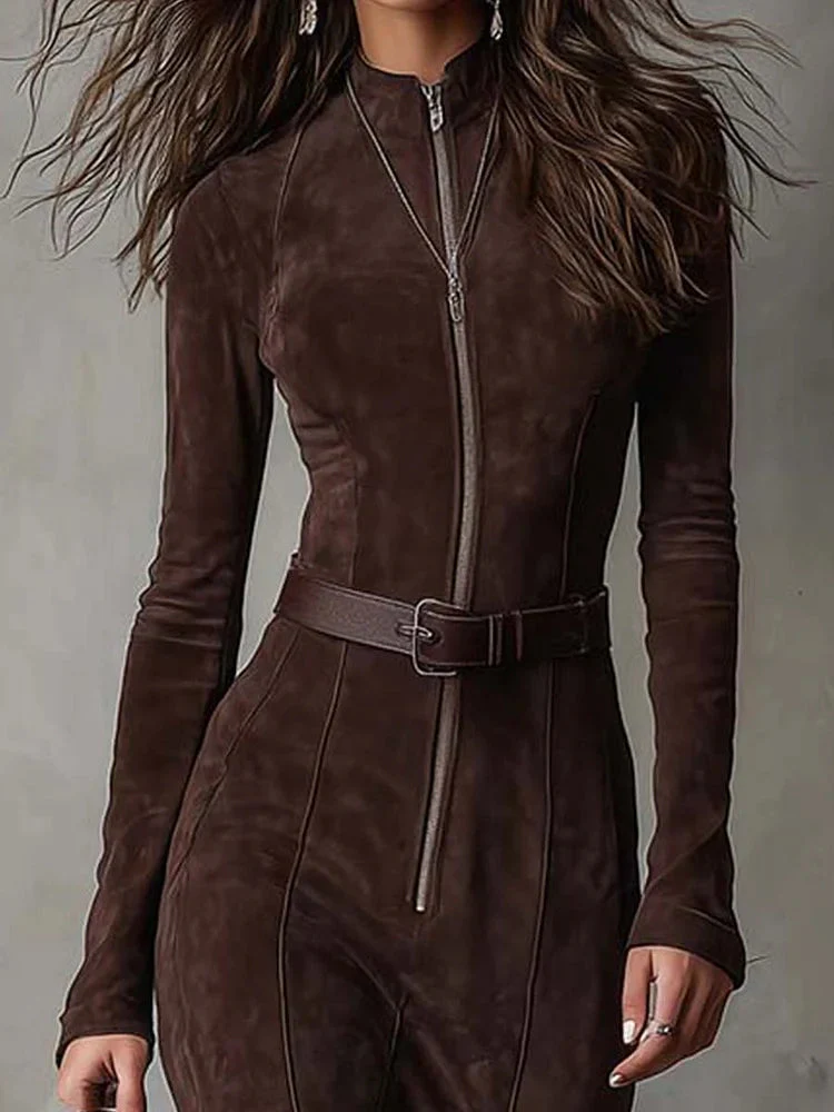 Cataina™ | Vintage Brown Maxi Dress with Belt details