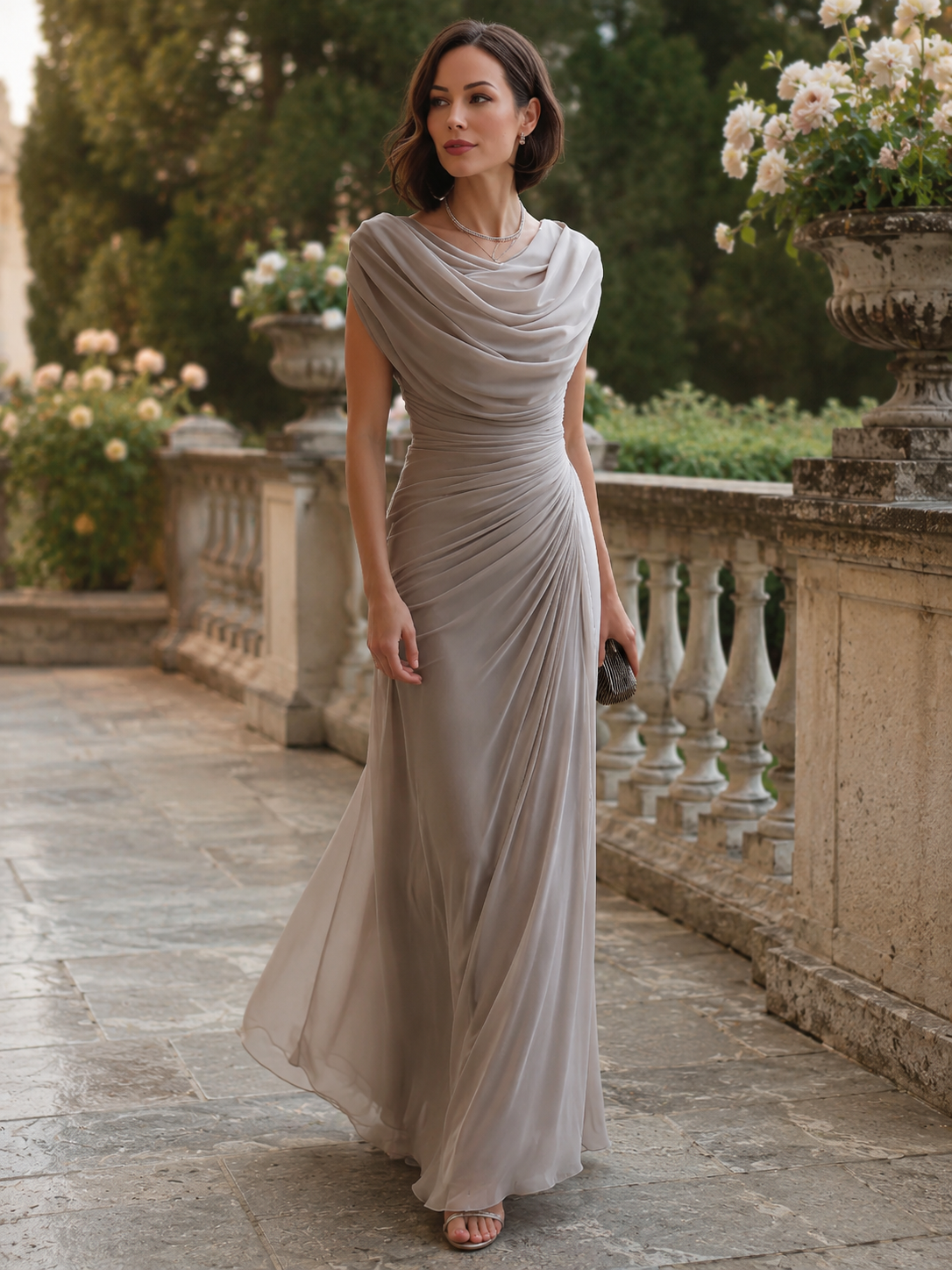 Draped Cowl-Neck Ruched Dress