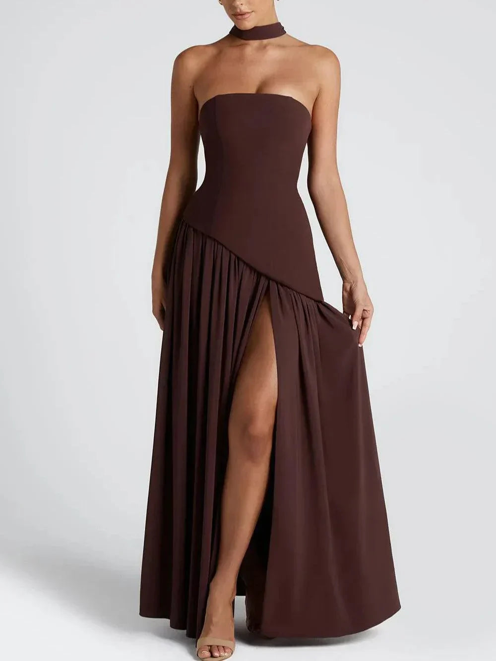 Strapless Long Dress with Ribbon Detail & Front Slit