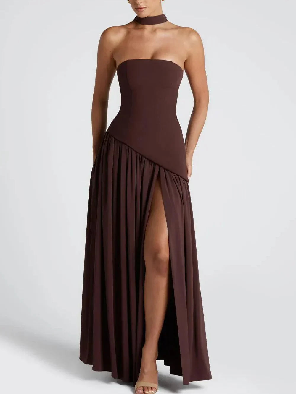 Strapless Long Dress with Ribbon Detail & Front Slit
