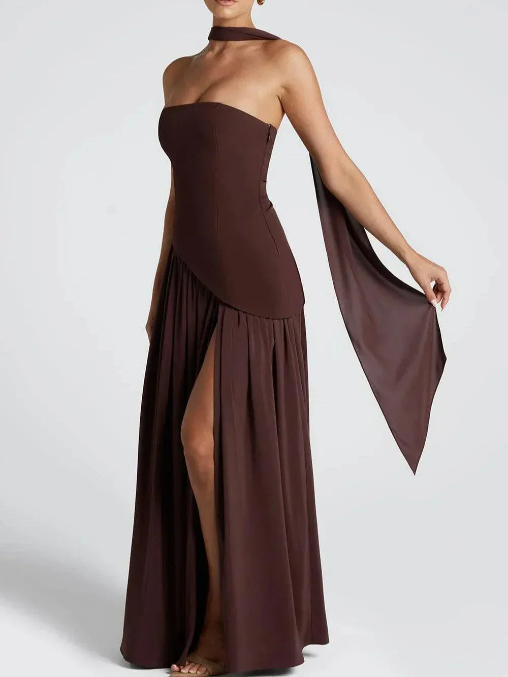 Strapless Long Dress with Ribbon Detail & Front Slit