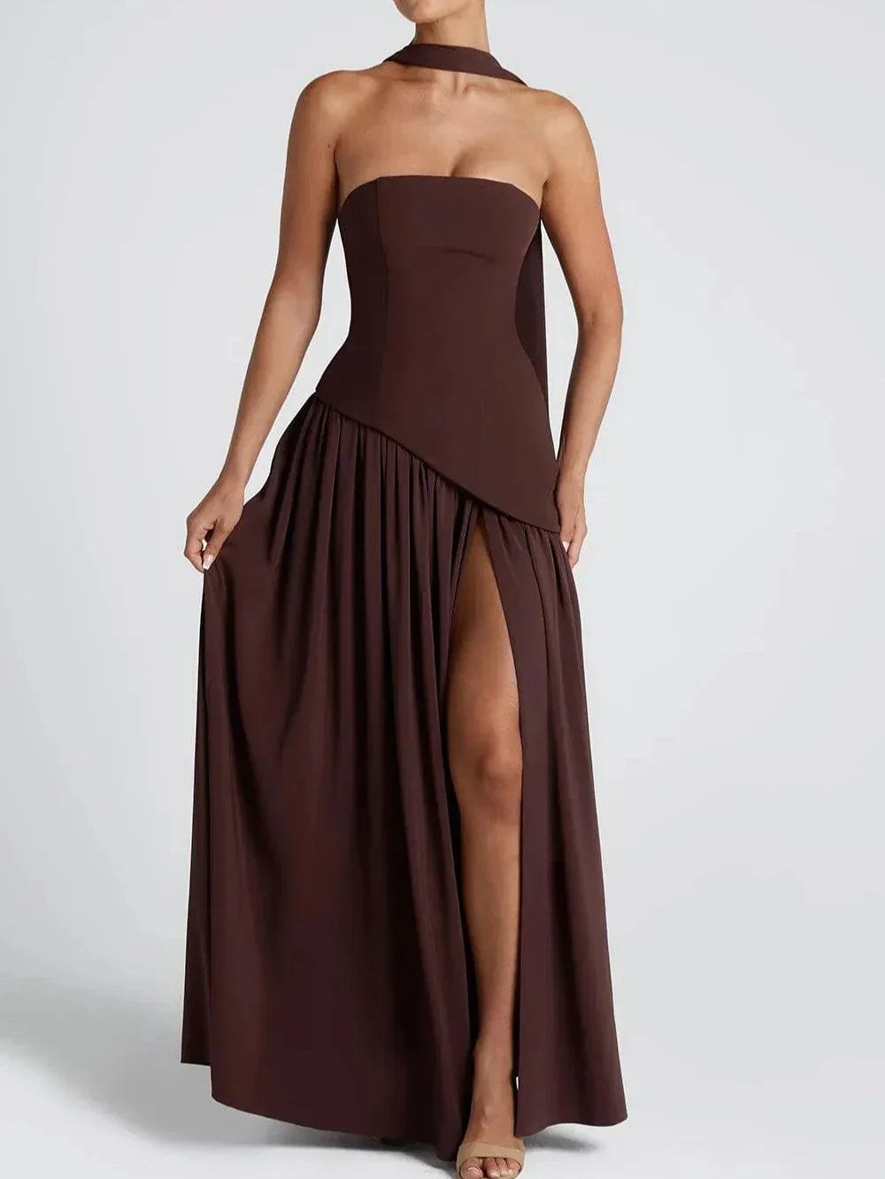 Strapless Long Dress with Ribbon Detail & Front Slit