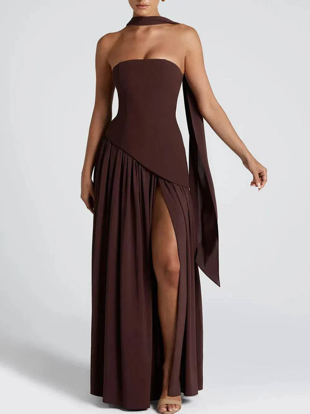 Strapless Long Dress with Ribbon Detail & Front Slit