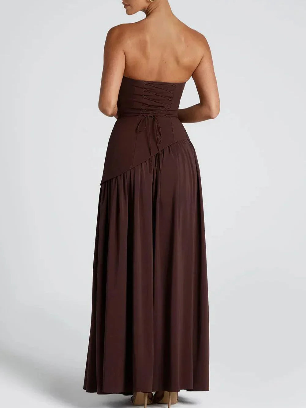 Strapless Long Dress with Ribbon Detail & Front Slit