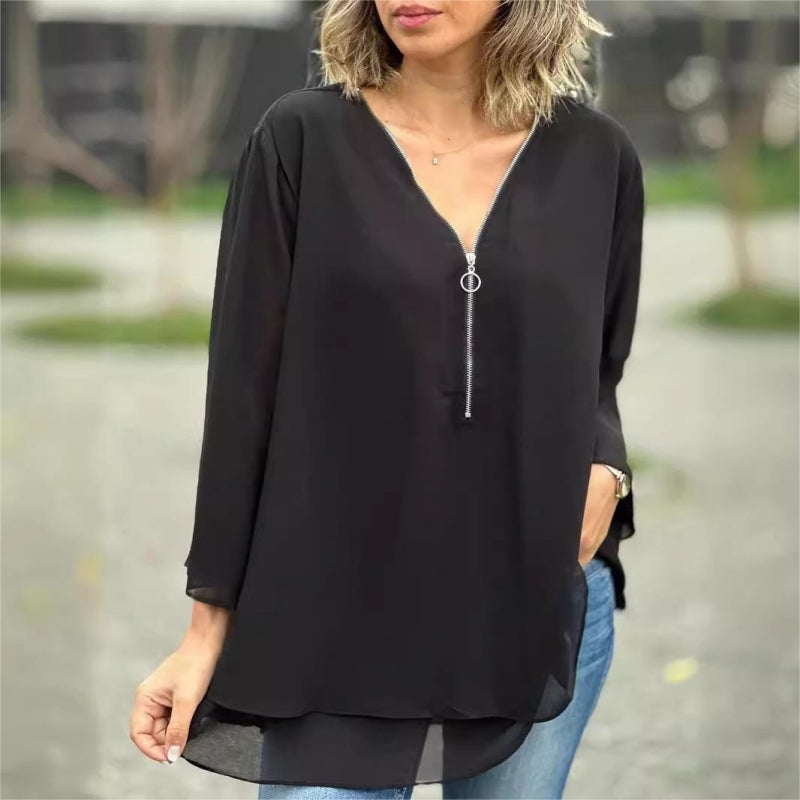 Veloura™ | Double-Layer Zip V-Neck Top