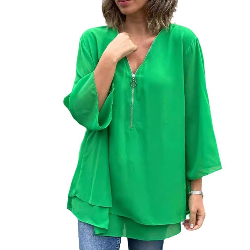 Veloura™ | Double-Layer Zip V-Neck Top