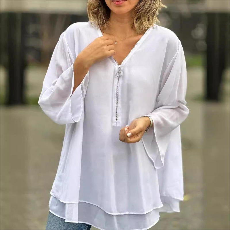 Veloura™ | Double-Layer Zip V-Neck Top