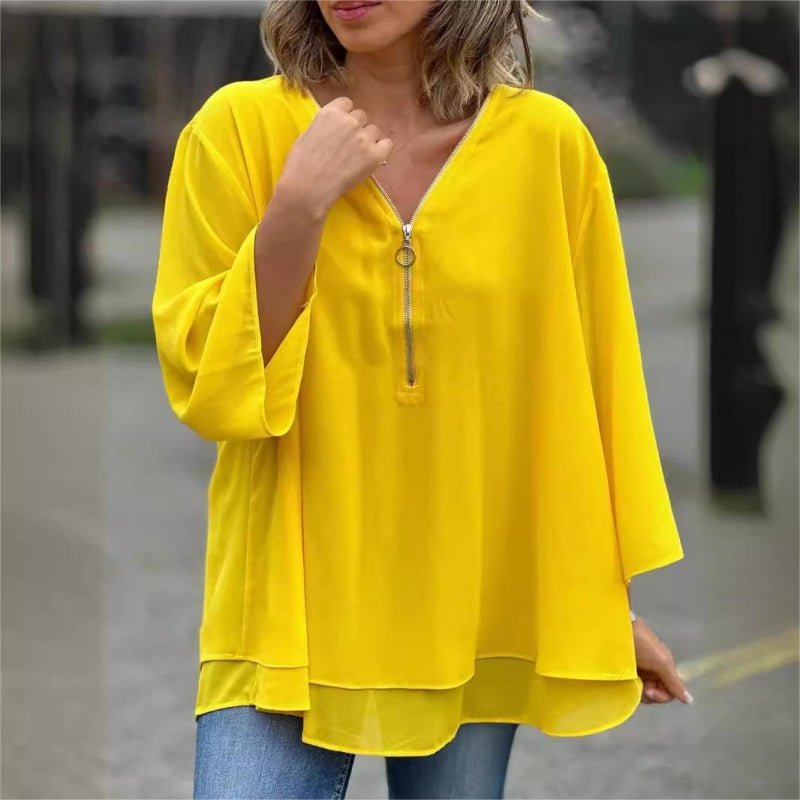 Veloura™ | Double-Layer Zip V-Neck Top