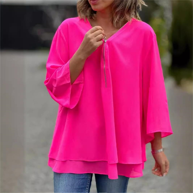 Veloura™ | Double-Layer Zip V-Neck Top