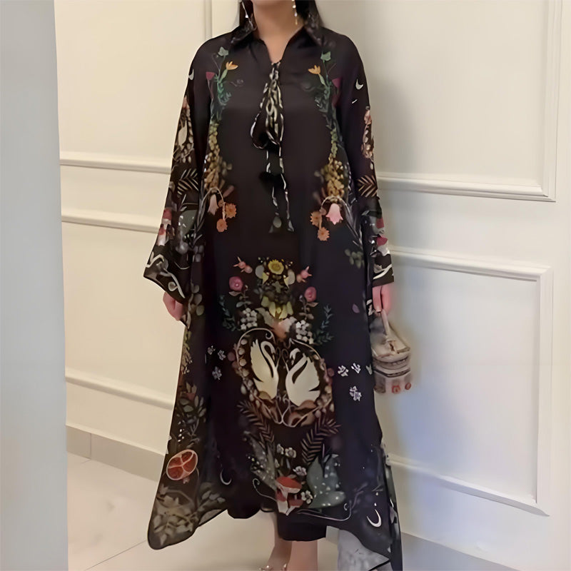 Women's Loose Long Sleeve Printed Maxi Dress with V-Neck