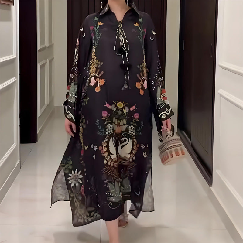 Women's Loose Long Sleeve Printed Maxi Dress with V-Neck