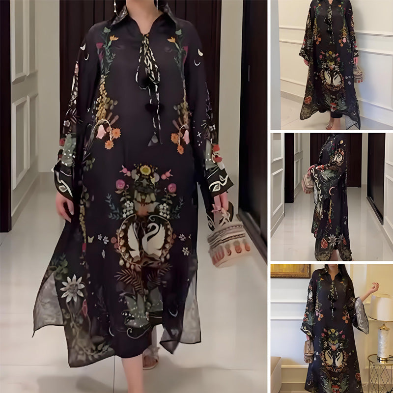 Women's Loose Long Sleeve Printed Maxi Dress with V-Neck