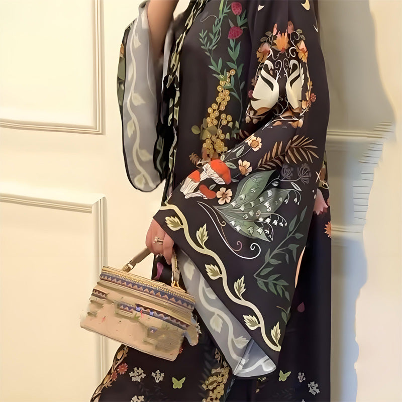 Women's Loose Long Sleeve Printed Maxi Dress with V-Neck