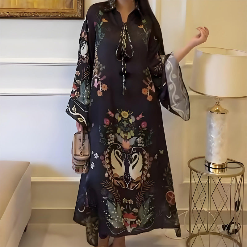 Women's Loose Long Sleeve Printed Maxi Dress with V-Neck