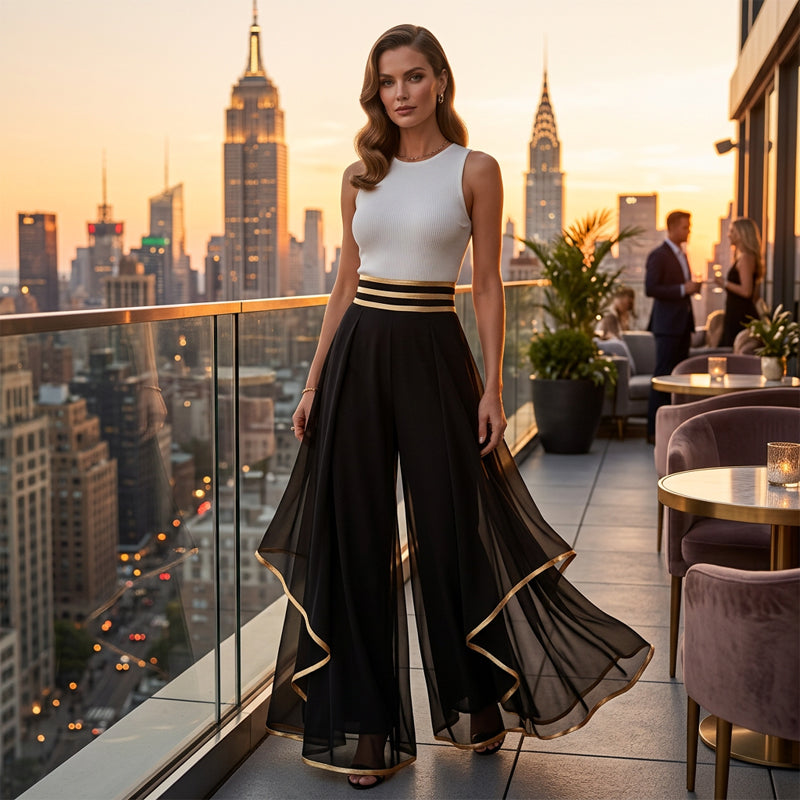 Elegant wide-leg trousers with gold trim – Flowing, airy & perfect for special occasions 💫