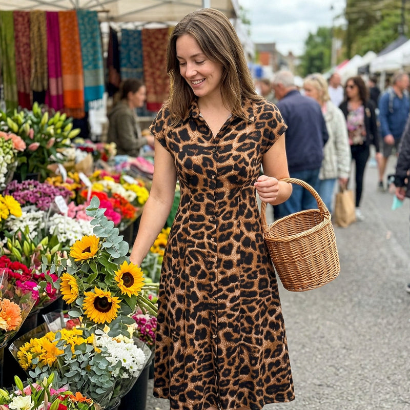 women's dress with a stand-up collar and leopard print
