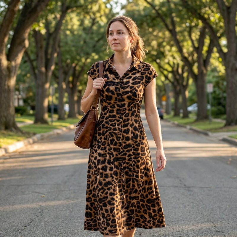 women's dress with a stand-up collar and leopard print
