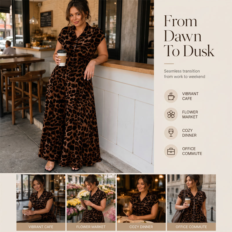 women's dress with a stand-up collar and leopard print