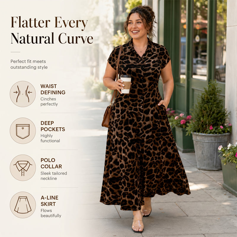 women's dress with a stand-up collar and leopard print