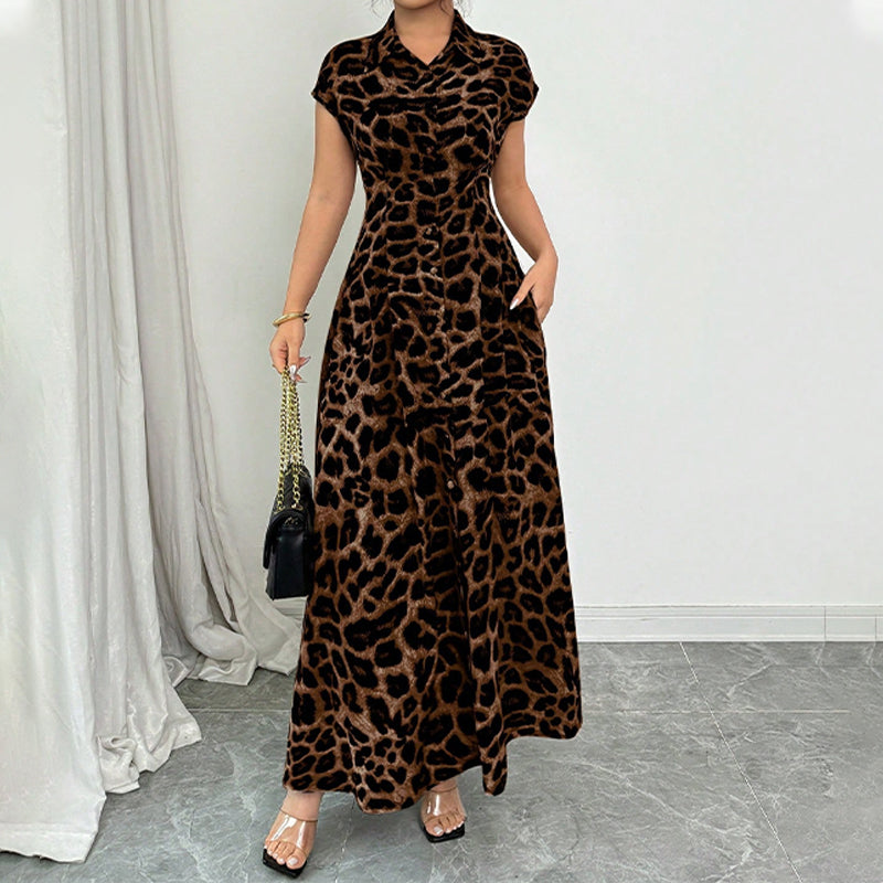 women's dress with a stand-up collar and leopard print