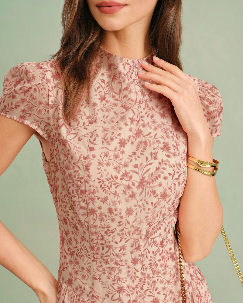 Pink Mock Neck Floral Maxi Dress details