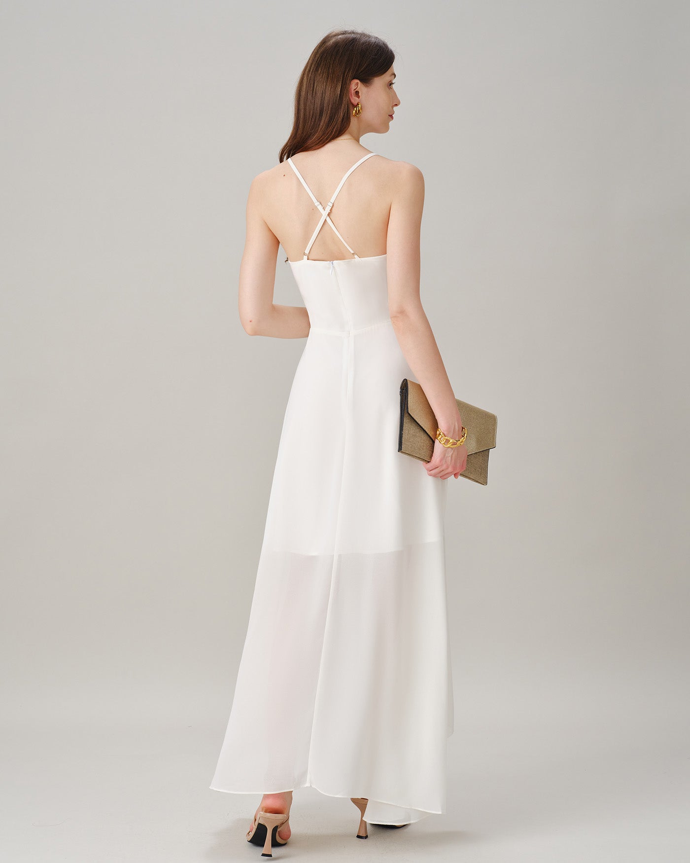 Beige X Cross Slip Chiffon Maxi Dress
